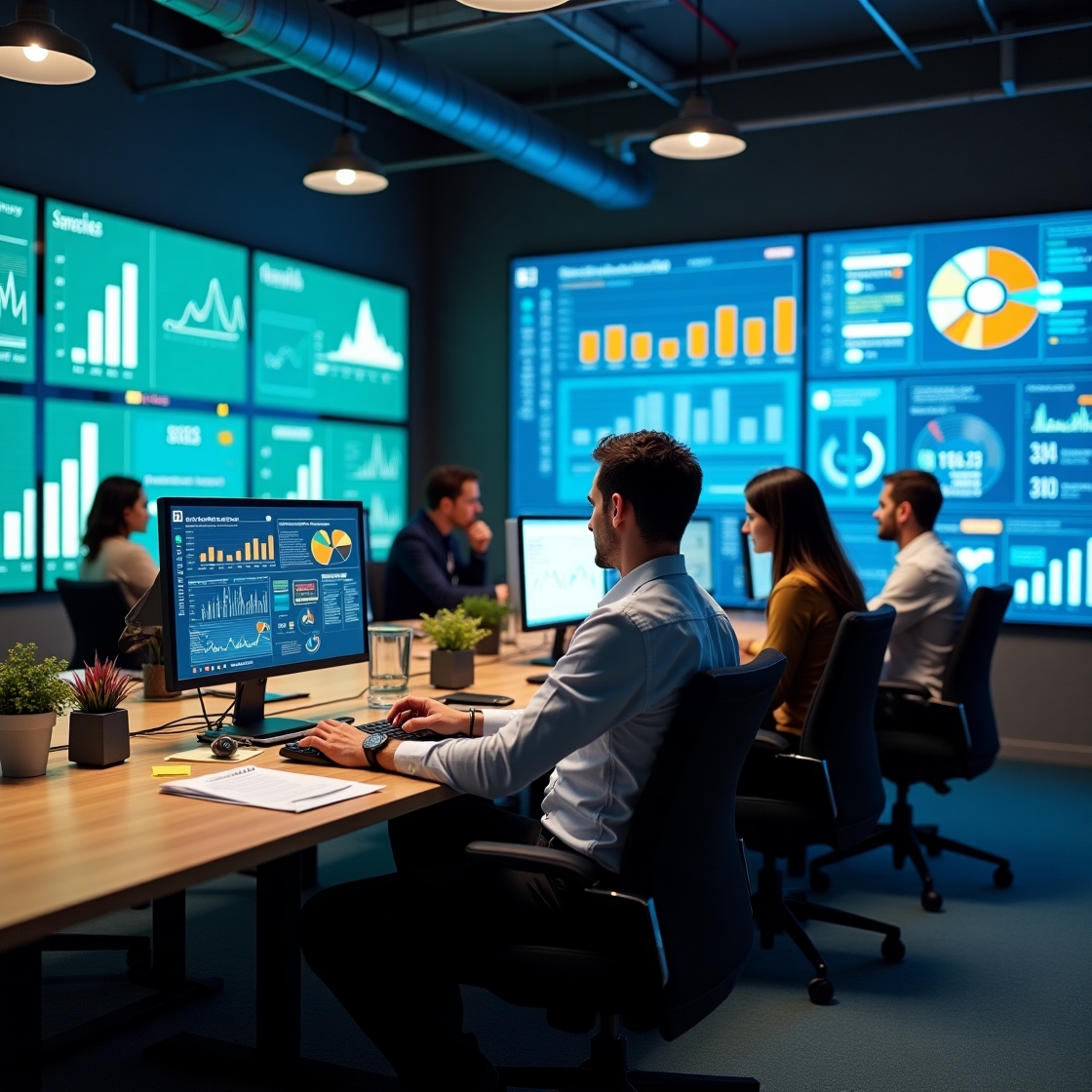 Marketing professionals analyzing SEO and social media insights on digital screens in an office.