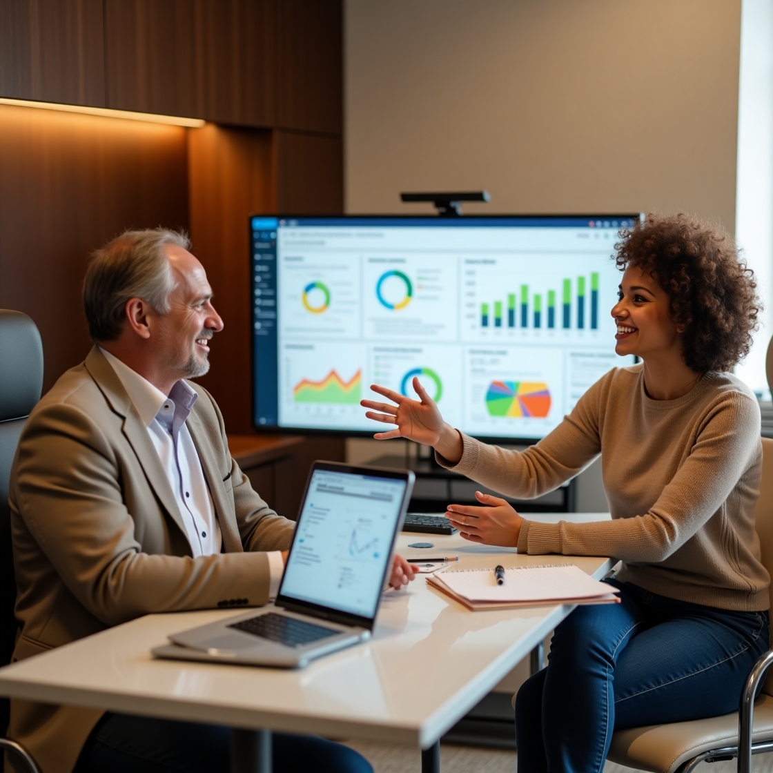 	A business owner discussing digital marketing strategies with a consultant, viewing website analytics on a laptop