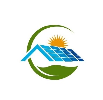 A logo featuring a house with solar panels on the roof, a rising sun in the background, and a green leaf encircling the house, symbolizing eco-friendly solar energy.