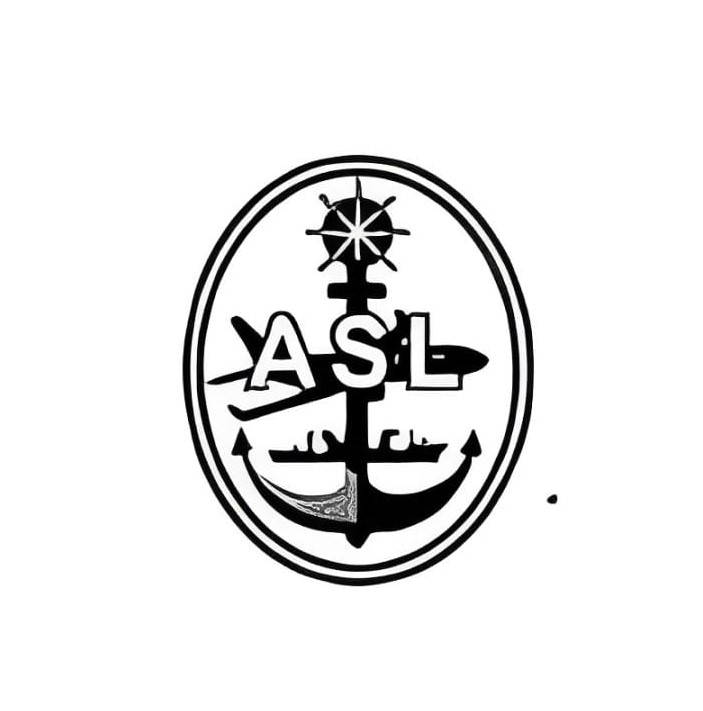 A logo with an anchor, compass, airplane, ships, and the letters 'ASL,' all enclosed in an oval, using a black-and-white design.