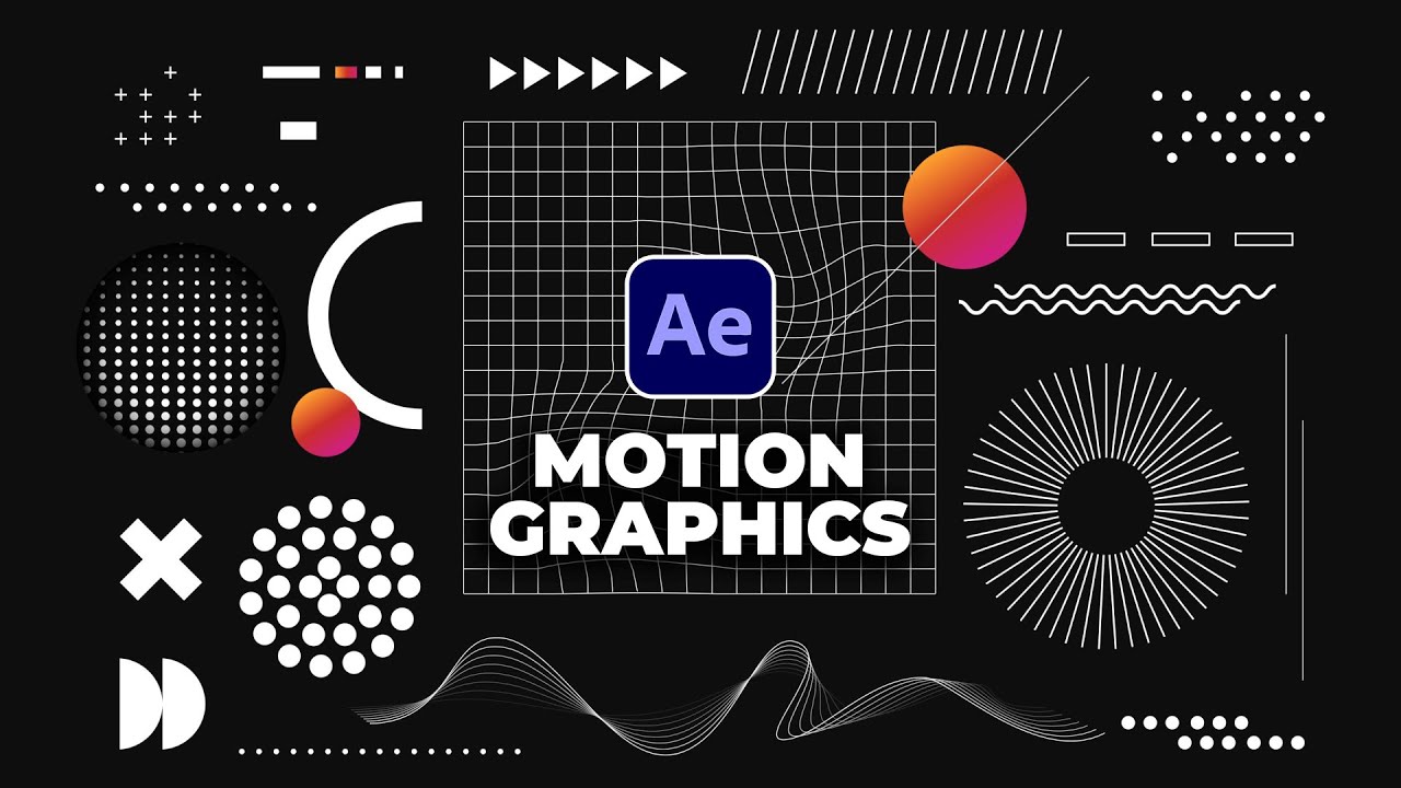 Abstract design featuring 'Ae Motion Graphics' text with vibrant shapes and patterns, representing motion graphic concepts.